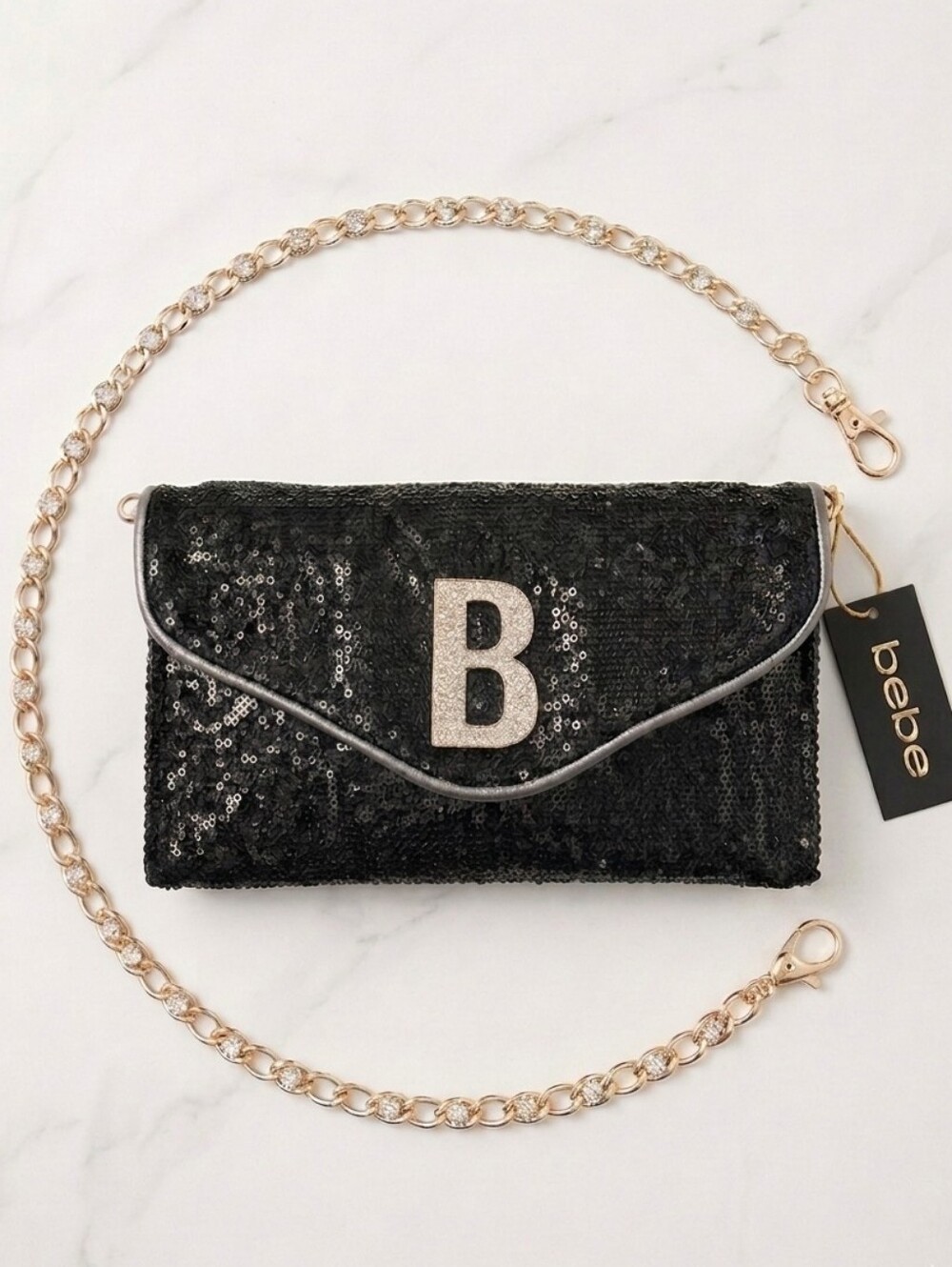 Bebe Miro Sequin Clutch Crossbody Bag in Black, Gold Rhinestone 'B' & Chain NWT